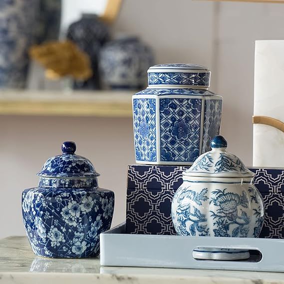 A&B Home 5" Decorative Porcelain Jars Set of 3 Glazed Hand Painted Blue White Ceramic Vase with L... | Amazon (US)