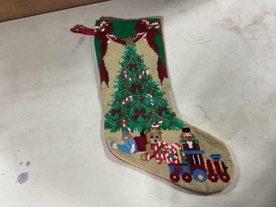vintage needlepoint Christmas stocking with train and tree design | eBay US