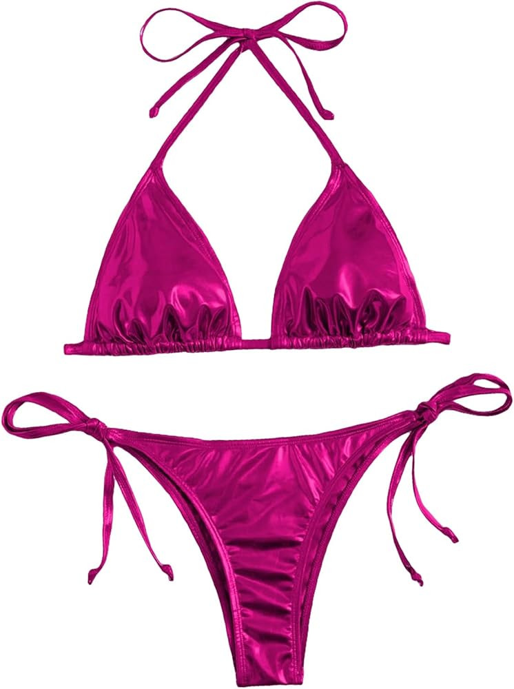 SOLY HUX Women's Metallic Halter Top Two Piece Swimsuit Tie Side Triangle Thong Bikini Bathing Swimwear | Amazon (US)