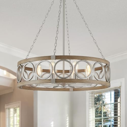 XINGQI 8-Light Modern Chandelier Large Round Drum Chandeliers for Dining Room 32.3" Rustic Pendant Brushed Nickel Light Fixture Over Table Farmhouse Metal Wood Grain Finish | Amazon (US)
