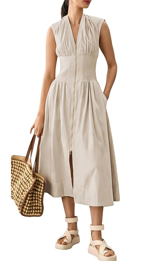Womens Dress Deep V Neck Zip Up Cap Sleeve Smocked Elastic Waist Split Summer Casual Midi Dress w... | Amazon (US)