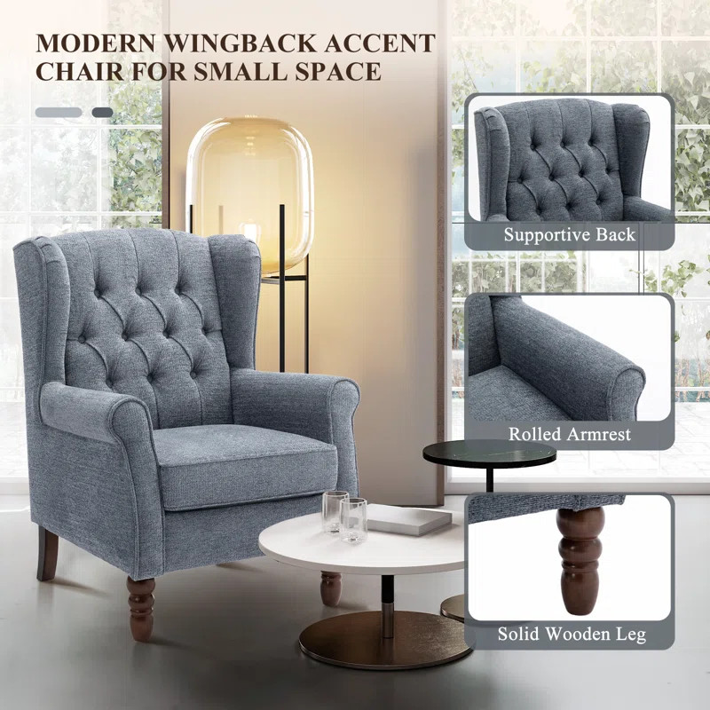 Button-Tufted Small Wingback Accent Chair with Rolled Arm and Thick Padded Cushion | Wayfair North America