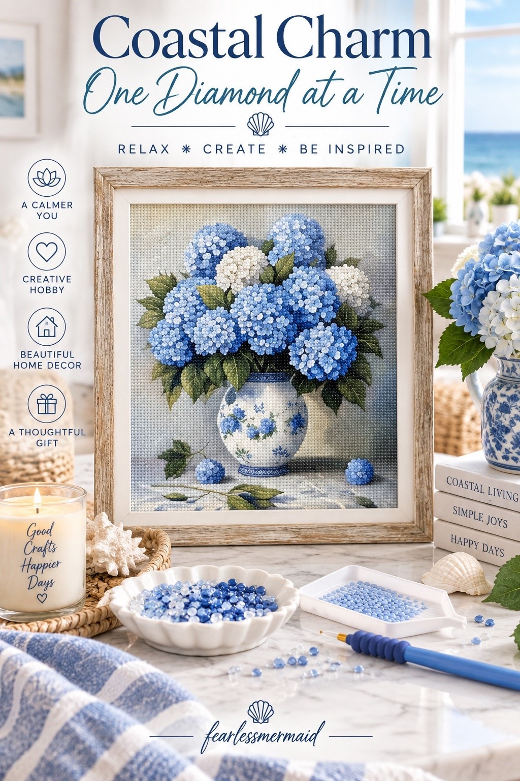 Bring a little coastal charm to craft time with this beautiful blue hydrangea diamond painting kit for adults. The classic blue-and-white hydrangeas and chinoiserie-style vase make it especially lovely for anyone who loves coastal grandmother decor, blue and white home decor, hydrangea decor, relaxing crafts for adults, diamond art and coastal cottage style. A peaceful creative hobby that becomes pretty artwork you can actually display when you’re finished. 💙🐚