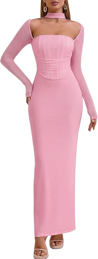 HTZMO Women Long Sleeve Bodycon Maxi Dress Halter Neck Ruched Elegant Wedding Guest Formal Long D... | Amazon (US)
