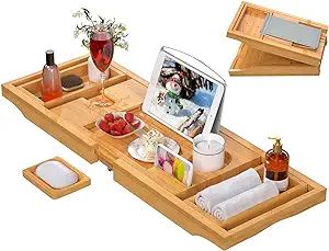 Bathtub Caddy Tray for Tub,Foldable Bamboo Bath Table Tray with Book and Wine Glass Holder, Expan... | Amazon (US)