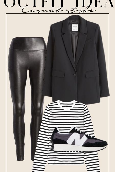 Casual outfit idea: blazer with faux leather leggings size Xs petite, stripe tee size xxs 

#LTKfindsunder100 #LTKSeasonal #LTKfindsunder50