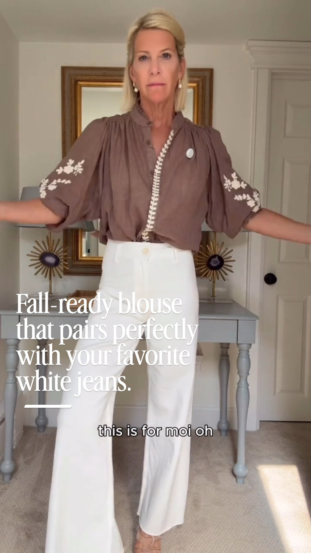 If you’re looking for an easy way to transition your white jeans into fall, this is it. A rich brown embroidered blouse paired with crisp white denim creates a timeless outfit that’s polished, flattering, and effortless. It’s perfect for lunch with friends, weekend outings, or anytime you want to look put together with minimal effort.

👩‍💻 LTK PRO TIPS
❤️ Heart = Support my posts ;-)
🔖 Save = Get sale & restock alerts for the things you love!
📋 Lists = Keep favorites organized (List ideas: Christmas, Birthdays, and Vacations!)
📲 Share = Send lists and products to a friend (or your daughters like me).
💬 Comment = Ask me anything, and I’ll answer. ;-)

#LTKootd #LTKSeasonal #LTKOver40