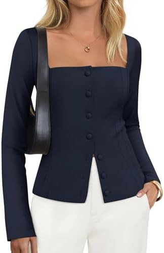 ZESICA Women's Fall Square Neck Blazers 2025 Casual Long Sleeve Button Up Work Business Fitted Bl... | Amazon (US)