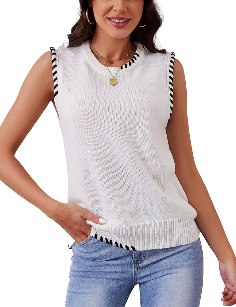 Womens Sweater Vest Contrast Seam Knitted Vest Casual Crew Neck Sleeveless Pullover Sweater Tank ... | Amazon (US)