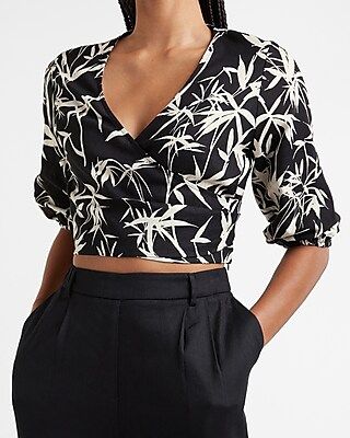 Tropical Print Linen-Blend Cropped Wrap Front Top | Express