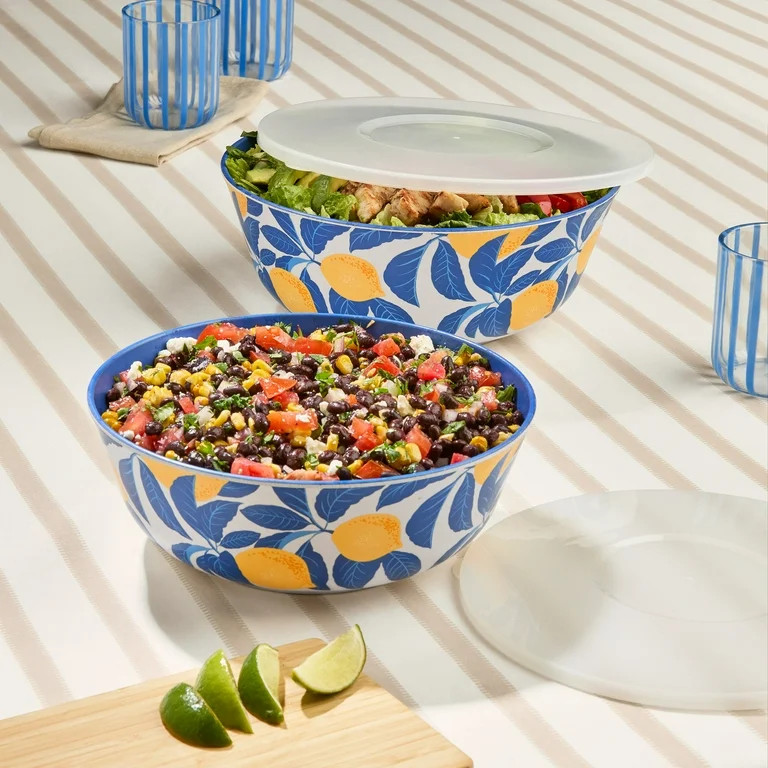 Mainstays by Becky G. & Alejandra Bamboo Melamine 4-Piece Serve Bowl Set, Lemon & Blue | Walmart (US)