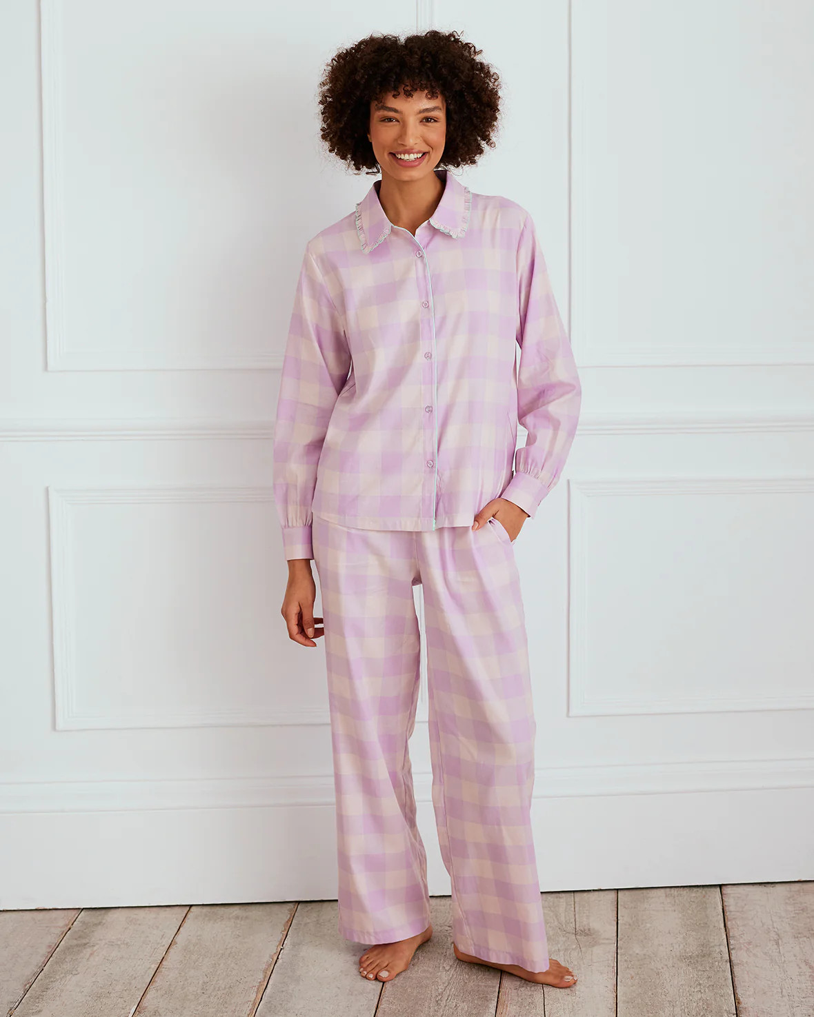 Organic Cotton Gingham Frill Long Pyjama Set | Chelsea Peers NYC