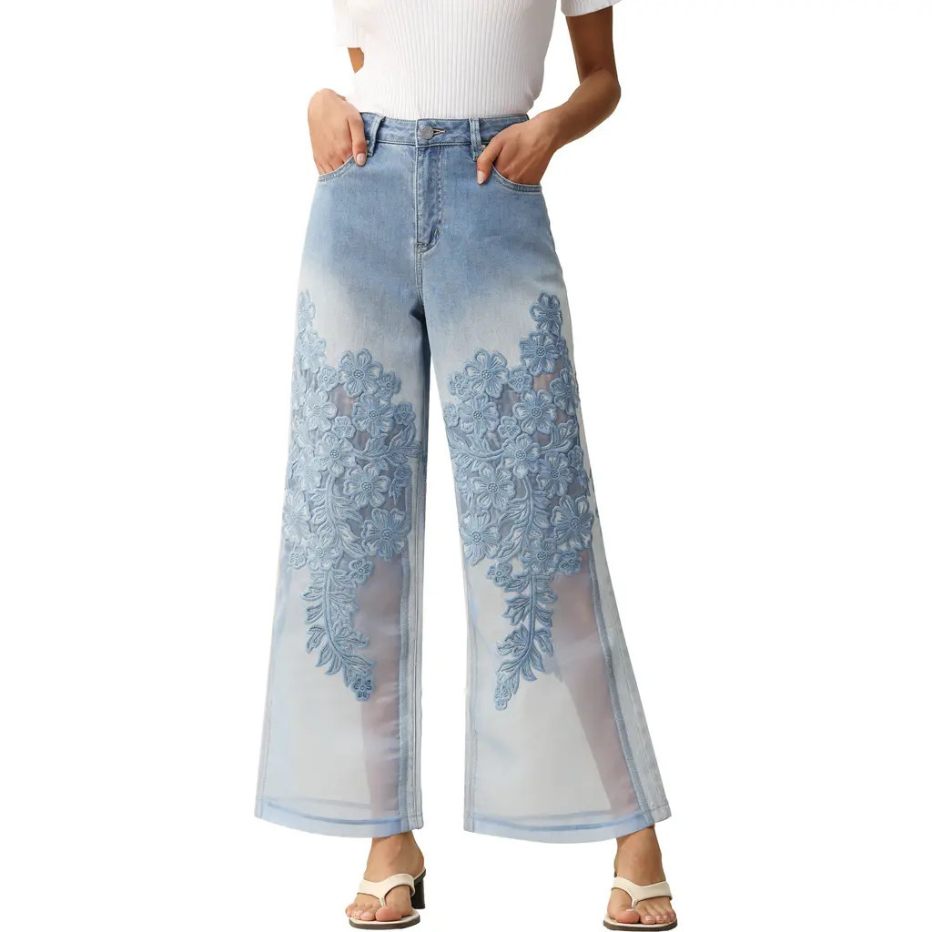 Bayeas Embroidered High Waist Wide Leg Jeans in Light Blue at Nordstrom, Size 30 | Nordstrom