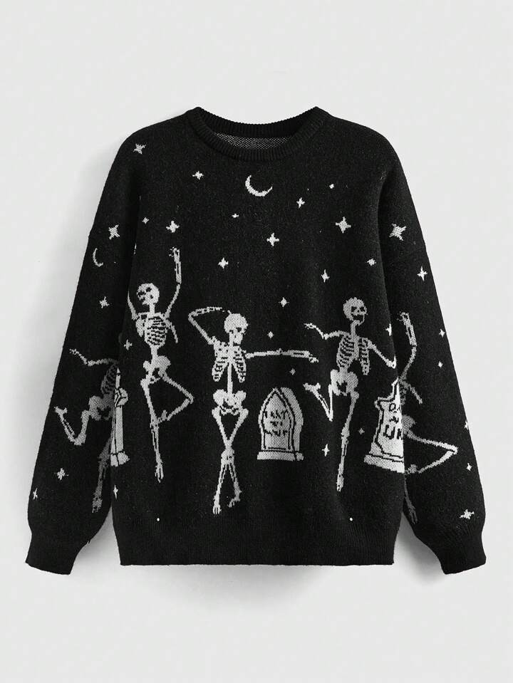 ROMWE Goth Skull Pattern Round Neck Sweater, School | SHEIN USA | SHEIN