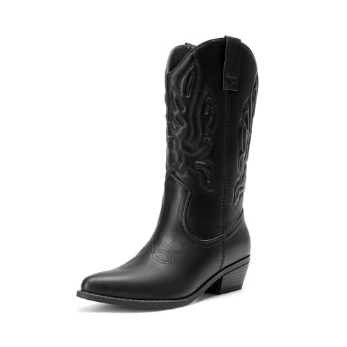 DREAM PAIRS Women's Cowboy Boots Mid Calf Cowgirl Boots Embroidery Stitched Western Boots,Size 7.5,Black | Amazon (US)