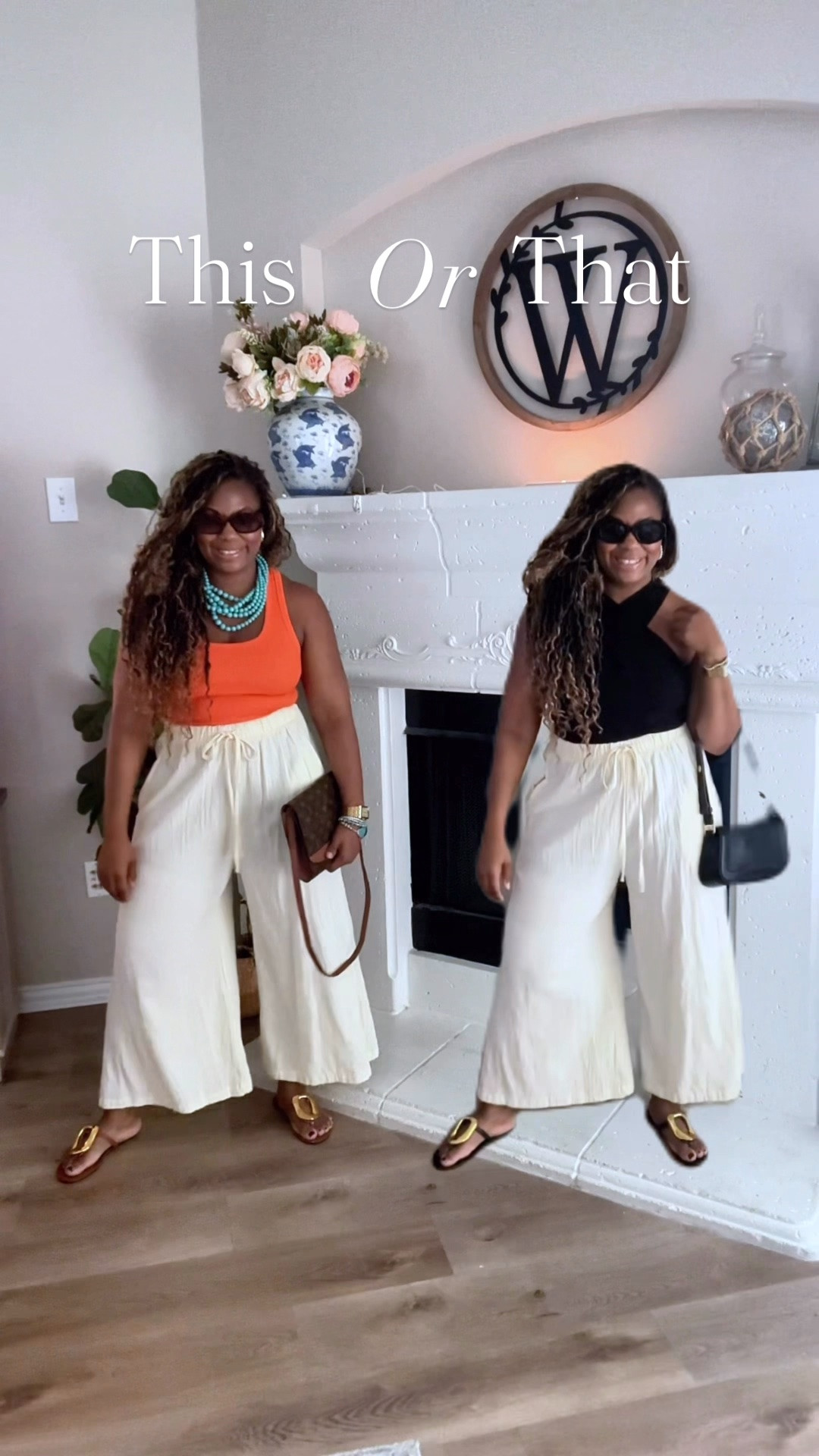 Classic black or a pop of color? 
🖤 or🍊🩵? 

Keywords: style tips, women’s fashion, spring outfit ideas, summer outfit ideas, classic outfit, mom outfit, wide leg pants, black top, orange top, vacation outfit