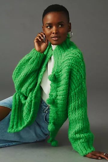 Little Lies Hand-Knit Pom Pom Cardigan Sweater | Anthropologie (US)