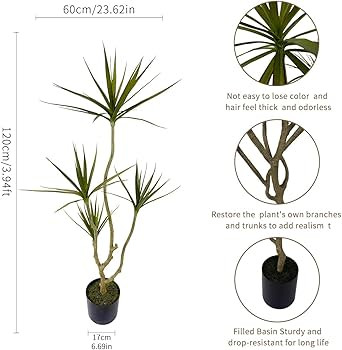Artificial Dracaena marginata,4ft Tall Fake Plants Artificial Dracaena marginata Plants for Indoo... | Amazon (US)