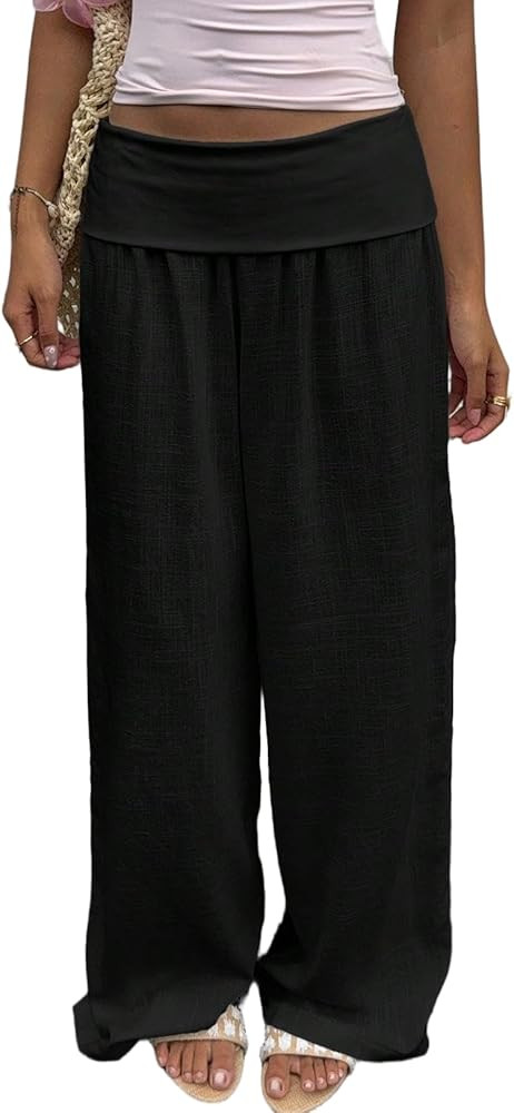 LILTWIST Boho Fold Over Palazzo Pants for Women Beach Low Rise Wide Leg Lounge Pants Y2k Vacation... | Amazon (US)