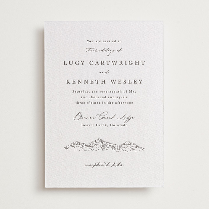 "Mountainview" - Customizable Letterpress Wedding Invitations in Brown by Sarah Brown. | Minted