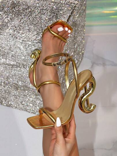 Women's Fashion Square Toe Goldcolor Rhinestone Decor Transparent Glamorous Party High Heel Sanda... | SHEIN