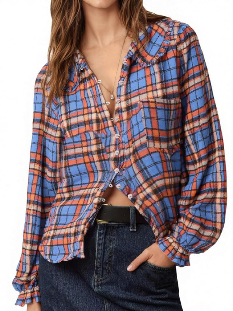 Tankaneo Womens Peter Pan Collar Button Down Shirts Long Sleeve Plaid Blouse Dressy Casual Fall T... | Amazon (US)