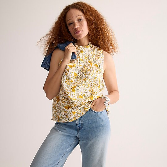 Pintuck cotton poplin top in sunny blooms | J. Crew US