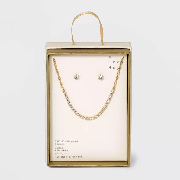 Silver Plated Gold Dipped Rhinestone Chain Necklace and Earring Set - A New Day™ Gold | Target