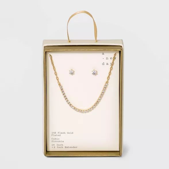 Silver Plated Gold Dipped Rhinestone Chain Necklace and Earring Set - A New Day&#8482; Gold | Target