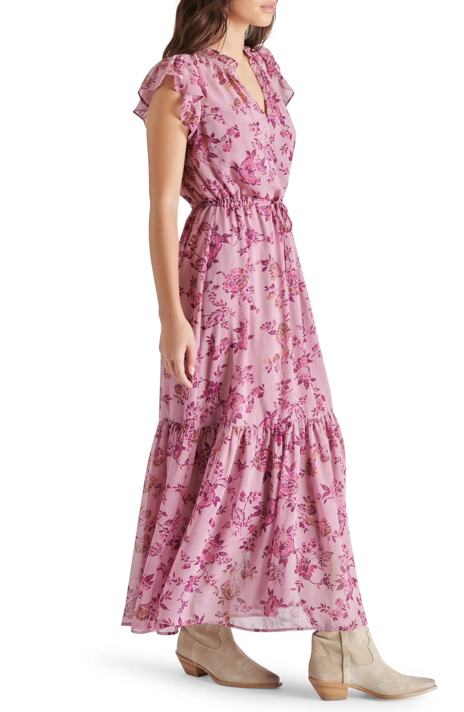 Steve Madden Osiris Floral Tiered Split Neck Tie Waist Maxi Dress | Nordstrom | Nordstrom