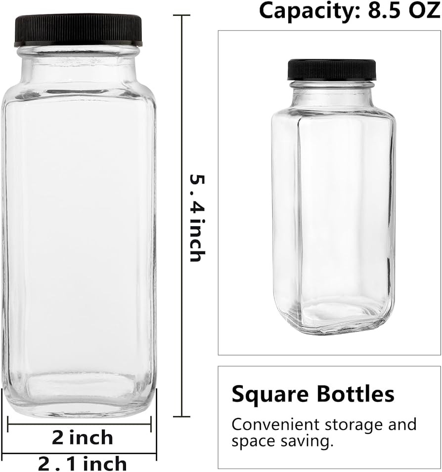 GUANENA 12 Pack Glass Drink Bottles, 8.5 OZ Vintage Square Water Bottles with Lids, Juice Bottles... | Amazon (US)