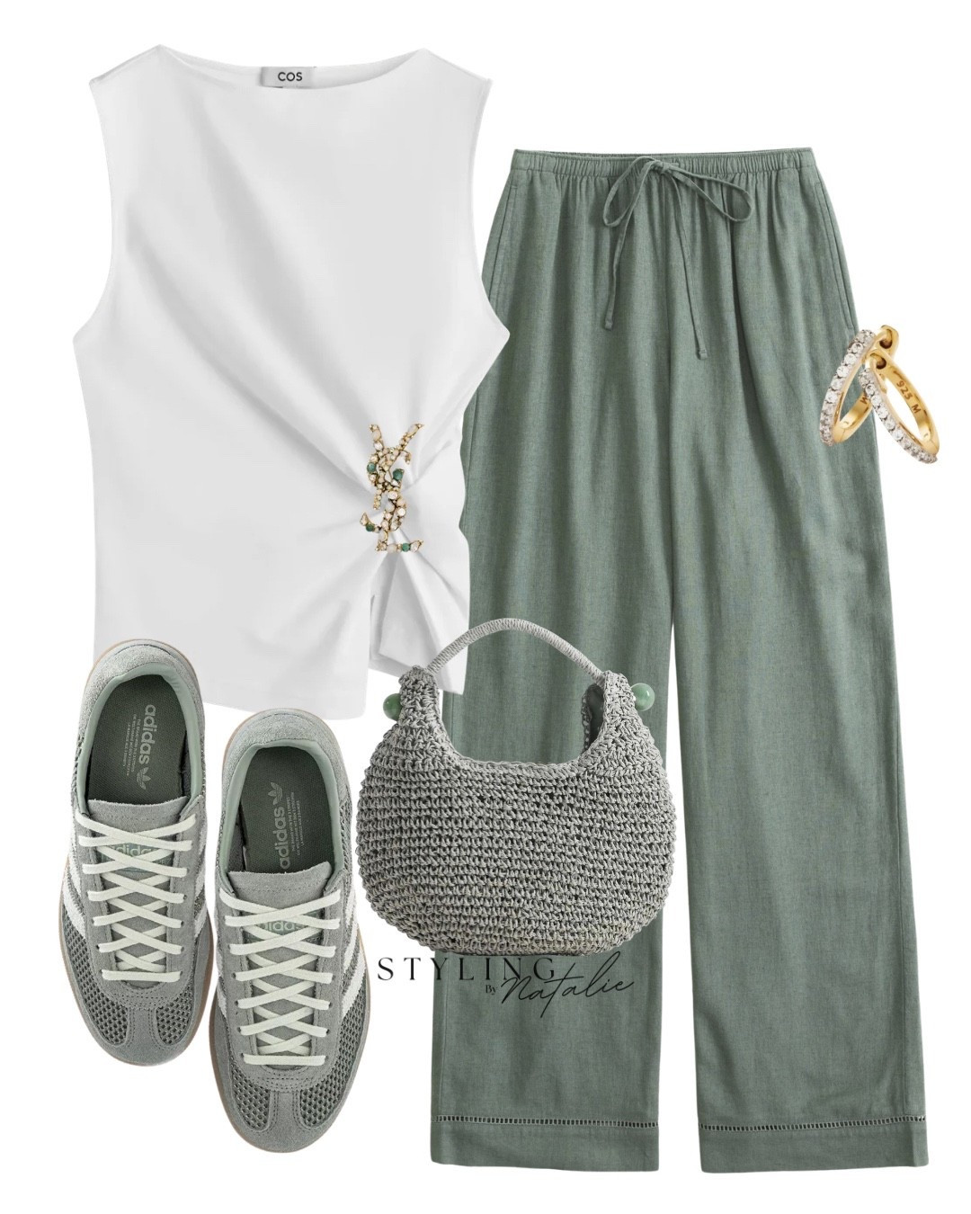 Green drawstring linen trousers, white top with knot, YSL brooch, straw raffia bag, Adidas Spezial trainers and diamond huggie earrings. Casual comfy everyday style, summer outfit, Abercrombie, Cos, asos, wide leg pants

#LTKuk #LTKeurope #LTKsummer