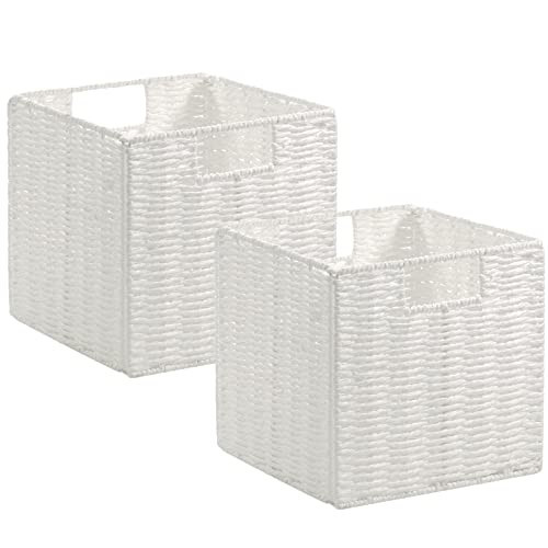 Vagusicc Wicker Storage Basket, Set of 2 Hand-Woven Wicker Baskets for Organizing, Foldable Cube Storage Basket Bins, 13 Inch Large Wicker Storage Baskets for Shelves & Decor, White (13''x13''x13'') | Amazon (US)