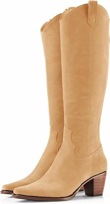 Women Cowboy Knee High Boots Suede Chunky Block Heel Square Toe Tall Riding Boots | Amazon (US)