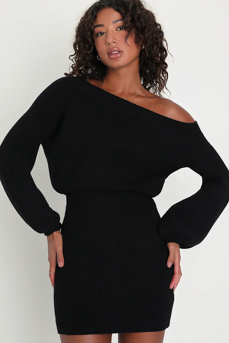 Plush Vibes Black Off-the-Shoulder Mini Sweater Dress | Lulus (US)