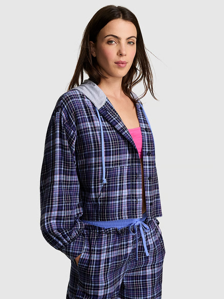 Buy Flannel Hooded Long- Sleeve Top, Silver Screen Plaid - Order Pajama Tops online - Victoria's ... | Victoria's Secret (US / CA )
