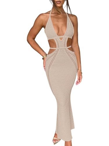 Women's Elegant Bodycon Crochet Dress Halter Tie Back Slim Blackless Hollow Out Dress Wedding Party Evening Long Maxi Dresses Brown | Amazon (US)