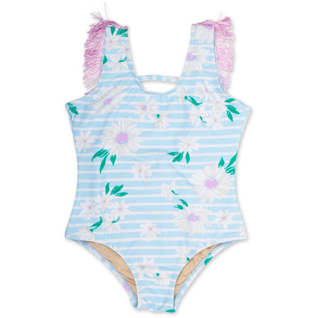 Blue Daisy Stripe One Piece Fringe Back Girls 6m-10 | Shade Critters