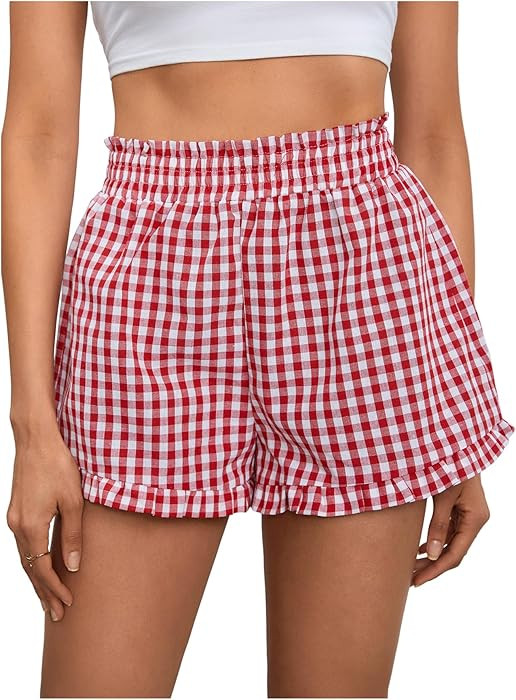 MakeMeChic Women's Gingham Ruffle Lounge Shorts Elastic High Waist Pajamas Boxer Shorts | Amazon (US)
