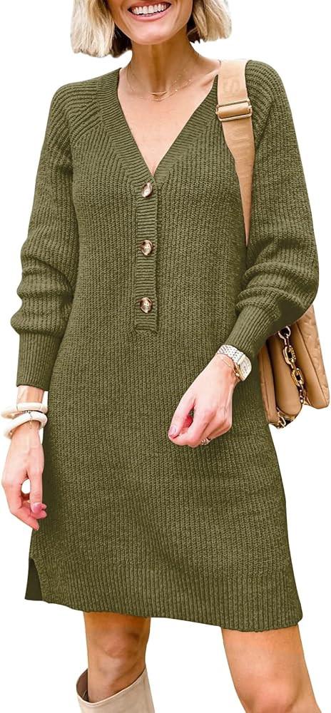 MIROL V-Neck Button Down Sweater Dress Long Sleeve Solid Knitted Pullover Sweatshirt Casual Dress... | Amazon (US)