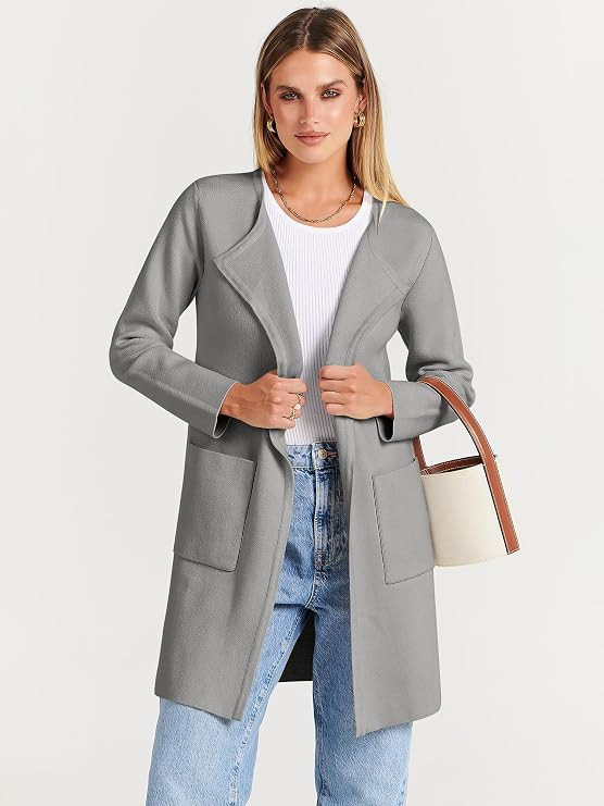 ANRABESS Women's Open Front Knit Cardigan Long Sleeve Lapel Casual Solid Classy Sweater Jacket | Amazon (US)