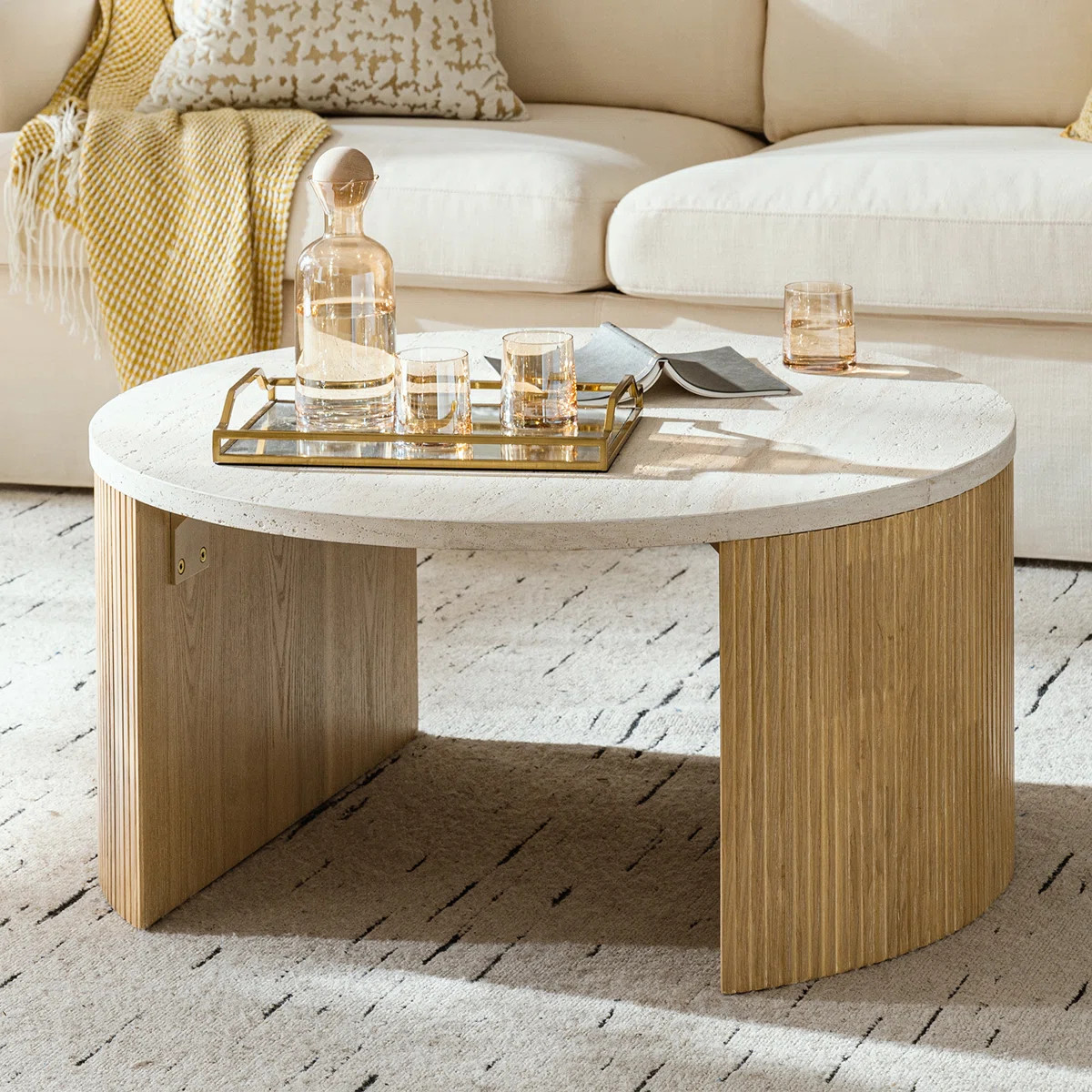 Jadida Celia Modern 36"W Fluted Round Coffee Table with Travertine Top | Wayfair North America