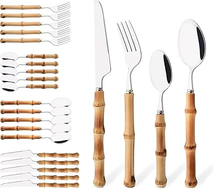 Uniturcky Bamboo Handle Silverware Set, 24-Piece Flatware Set for 6, Stainless Steel Cutlery Eati... | Amazon (US)