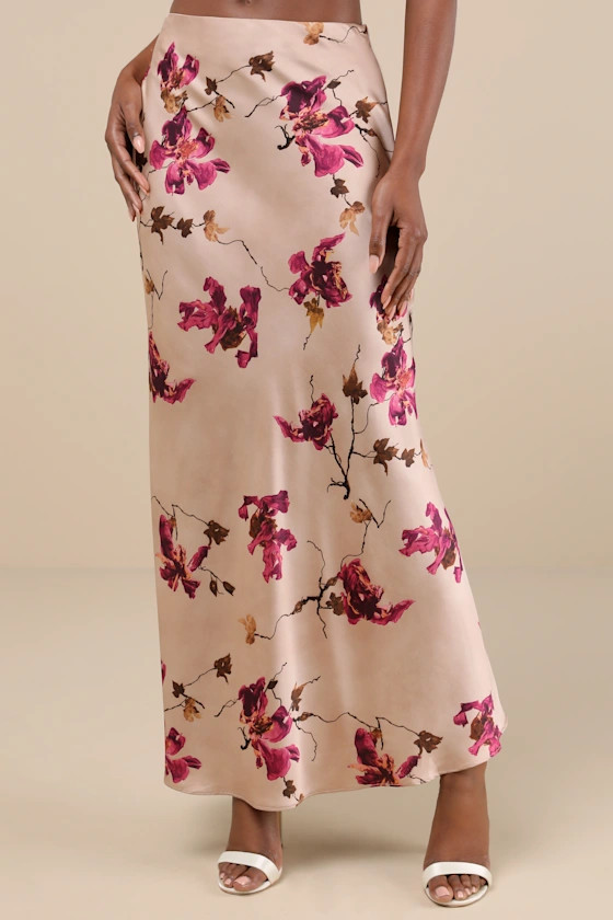 Captivating Element Mauve Pink Floral Print Satin Maxi Skirt | Lulus