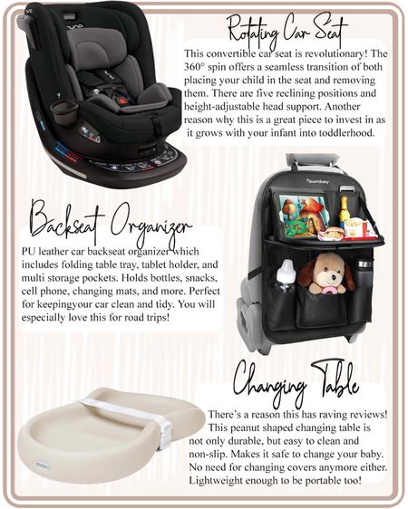 Items that are great for transportation use and road trips. All items linked below with some more finds  Please note that the car seat and changing table are also offered in more colors. 

#carseat #rotatingcarseat #forkids #babycarseat #changingtable #portablechangingtable #carbackseatorganizer #babychangingtable


#LTKkids #LTKbaby #LTKfamily