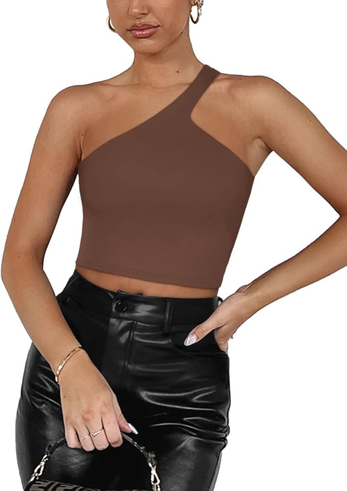 REORIA Women’s Sexy One Shoulder Double Lined Seamless Backless Sleeveless Going Out Trendy Cro... | Amazon (US)