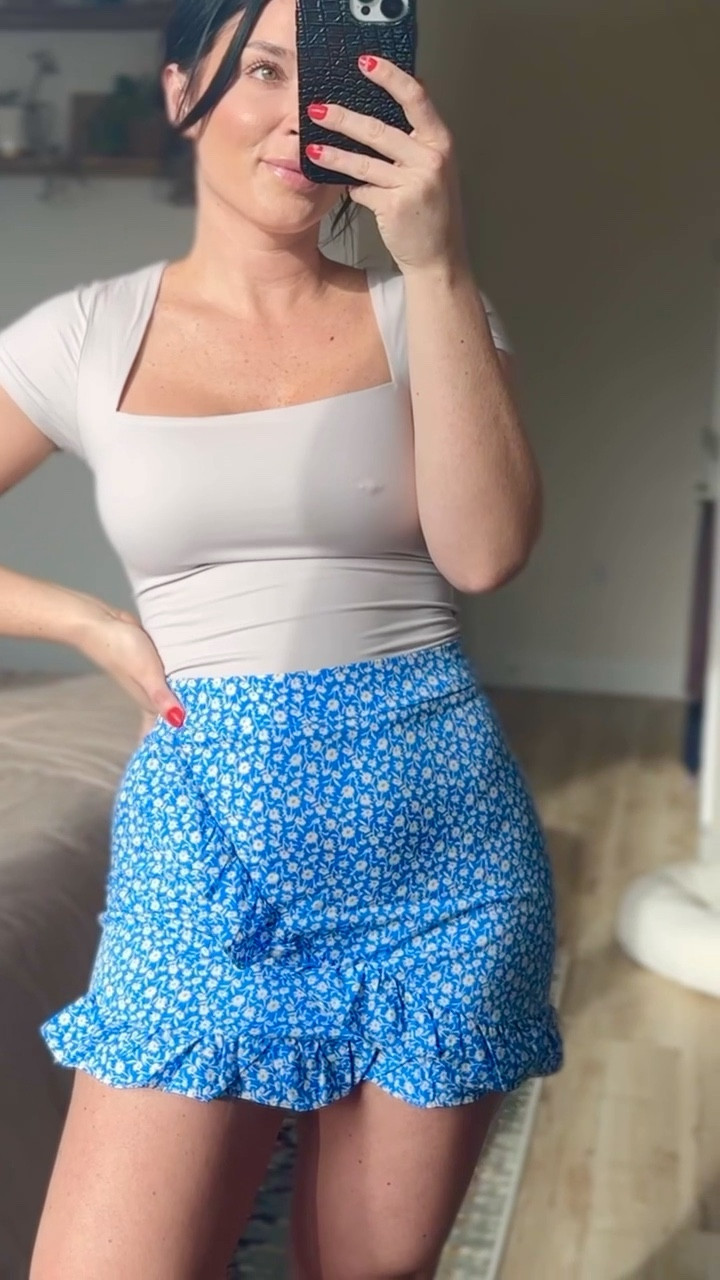 Spring outfit-blue floral skirt- square neck short sleeved shirt 

#LTKSeasonal #LTKfindsunder50 #LTKstyletip