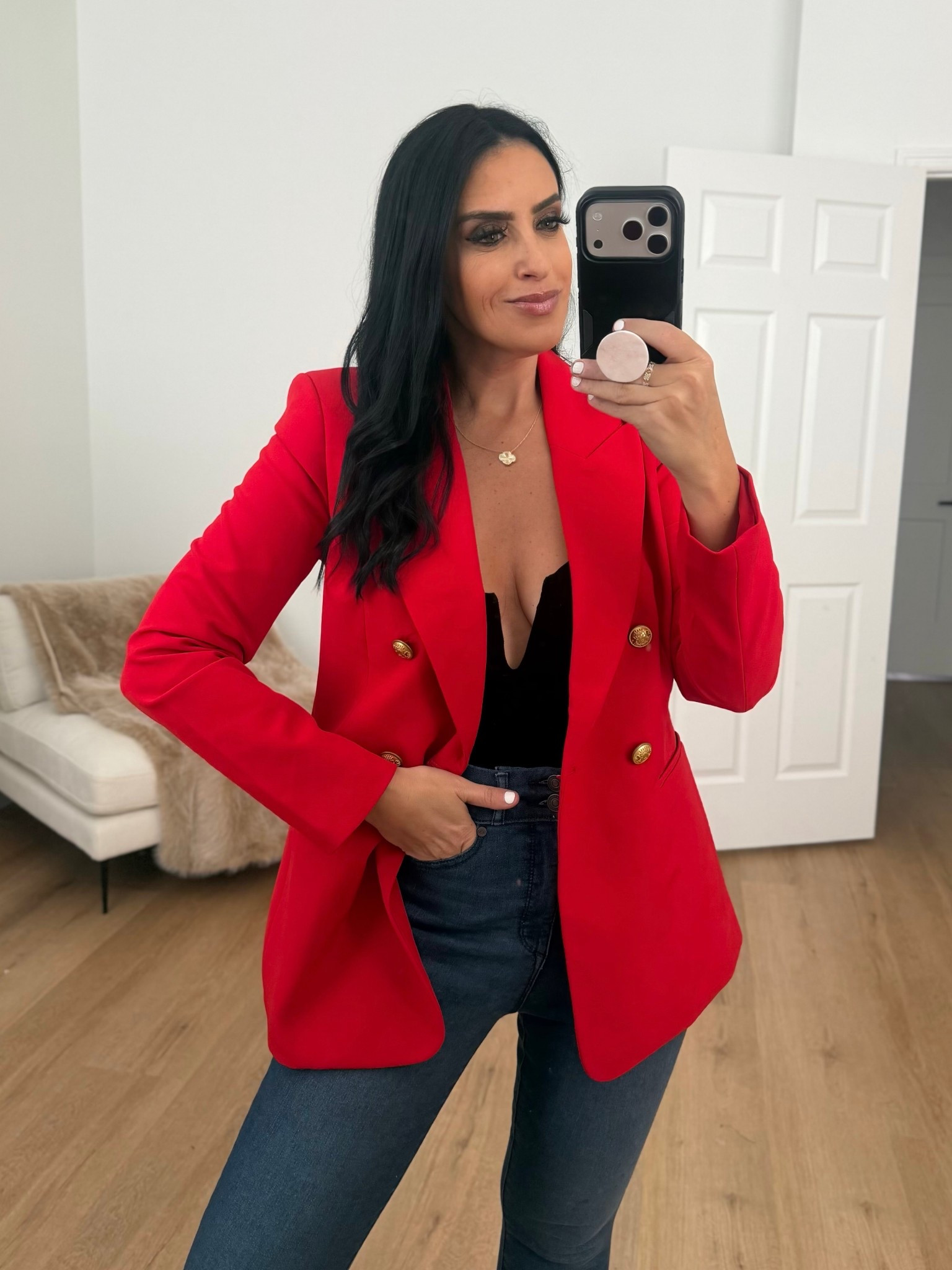 Signature Stretch Double Breasted Long Slim Blazer. Velvet Strapless V-Wire Bodysuit
