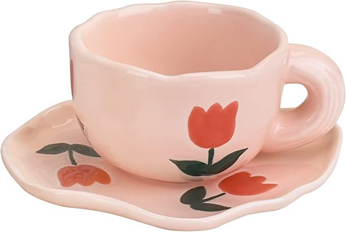 Koythin Ceramic Coffee Mug with Saucer Set, Cute Creative Cup Unique Irregular Saucer Design for ... | Amazon (US)