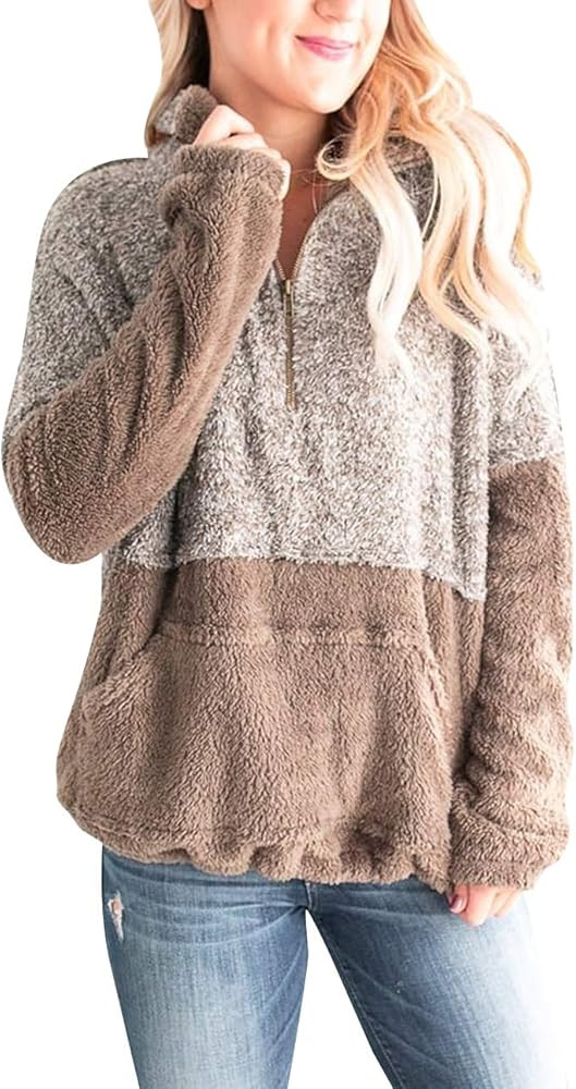 MEROKEETY Women's Long Sleeve Contrast Color Zipper Sherpa Pile Pullover Tops Fleece Sweatshirt | Amazon (US)